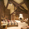 dark stained log rafters and log trusses and adobe fireplace in bedroom